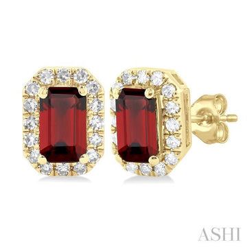 5x3 MM Octagonal Shape Garnet and 1/8 Ctw Single Cut Diamond Halo Semi-Precious Stud Earrings in 14K Yellow Gold